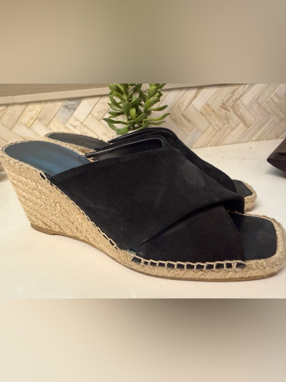 Vince Black Suede Espadrille Wedge Sandals - Women